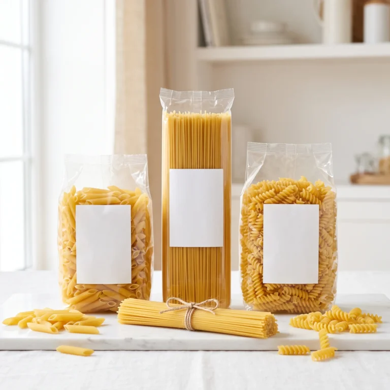 Szárazteszták – spagetti, penne, fusilli – átlátszó csomagolásban